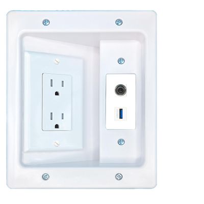 RiteAV 3.5mm USB-3 Recessed Wall Plate Cable Concealer Management Kit with Power Outlet Hides Cords and Cables