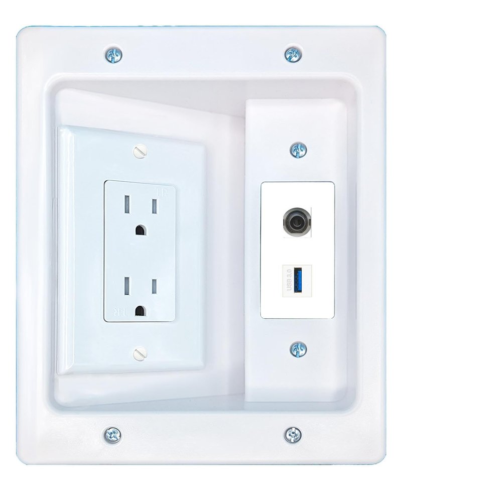 RiteAV 3.5mm USB-3 Recessed Wall Plate Cable Concealer Management Kit with Power Outlet Hides Cords and Cables