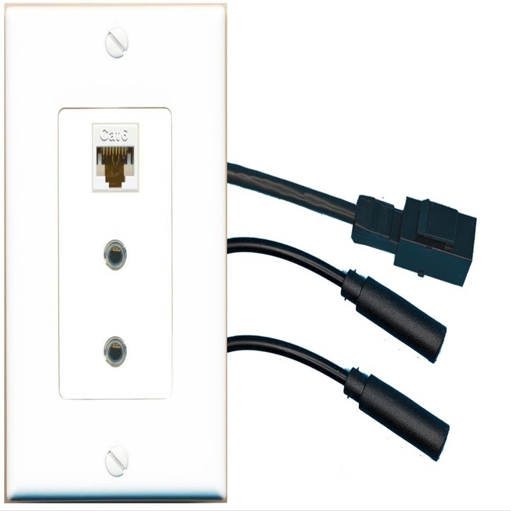 RiteAV CAT6 2 3.5mm Wall Plate with Pigtail Dongle Extension White