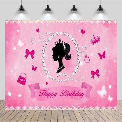 chnywork 10x8ft Happy Birthday Backdrop Girls Birth Pink Theme Baby Doll Birthday Butterfly Crown Diamond Background Pink Theme Girl Doll Birth Party Baby Shower Party Decor Props