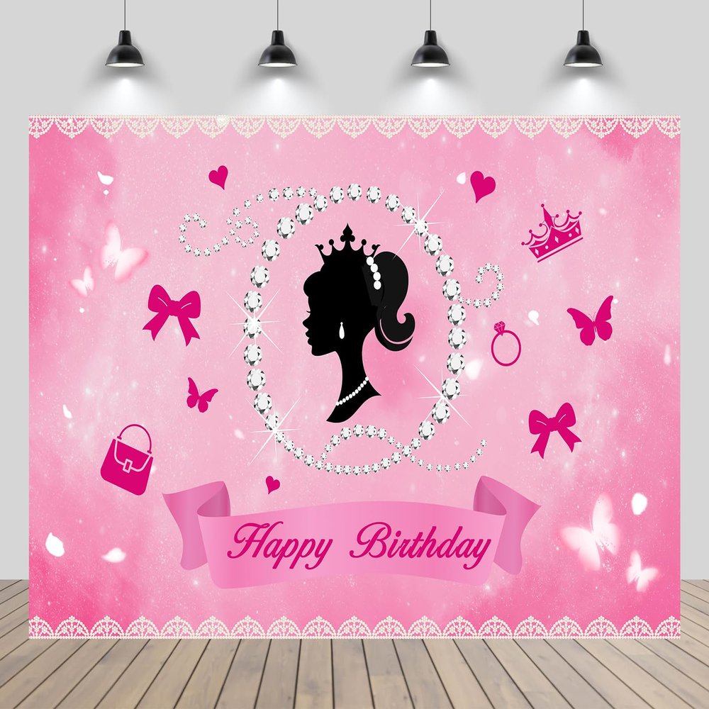 chnywork 10x8ft Happy Birthday Backdrop Girls Birth Pink Theme Baby Doll Birthday Butterfly Crown Diamond Background Pink Theme Girl Doll Birth Party Baby Shower Party Decor Props