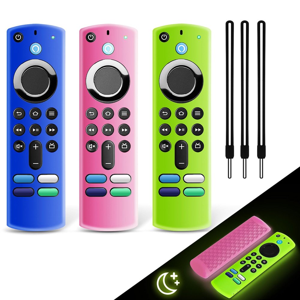 3 Pack Silicone Remote Cover Case, Anti Slip Silicone Protective Case Glow in The Dark with Lanyard(Glow Green & Glow Pink & Blue)