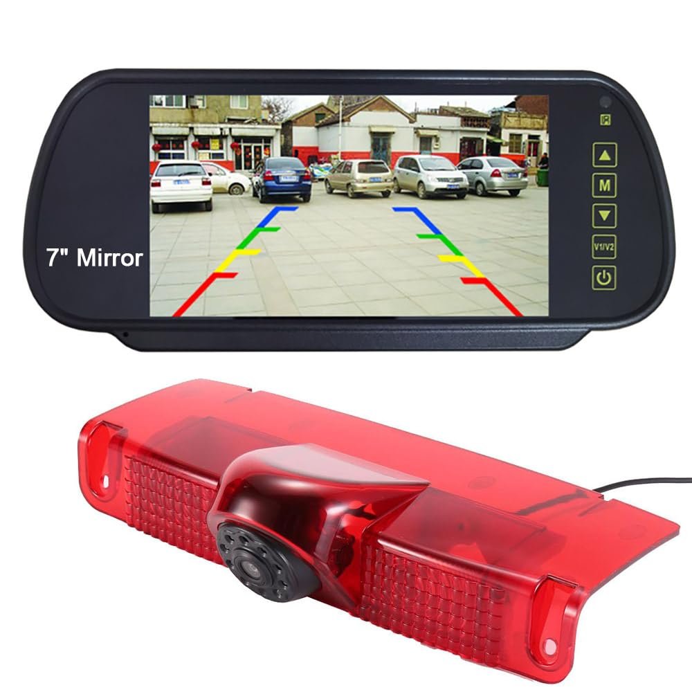 7 inch LCD Mirror Monitor+High Mount Brake Light Rear View Reverse Backup Camera Replacement for Chevrolet Express GMC Chevy Savana Exporer Vans Cargo Van 2003-2018