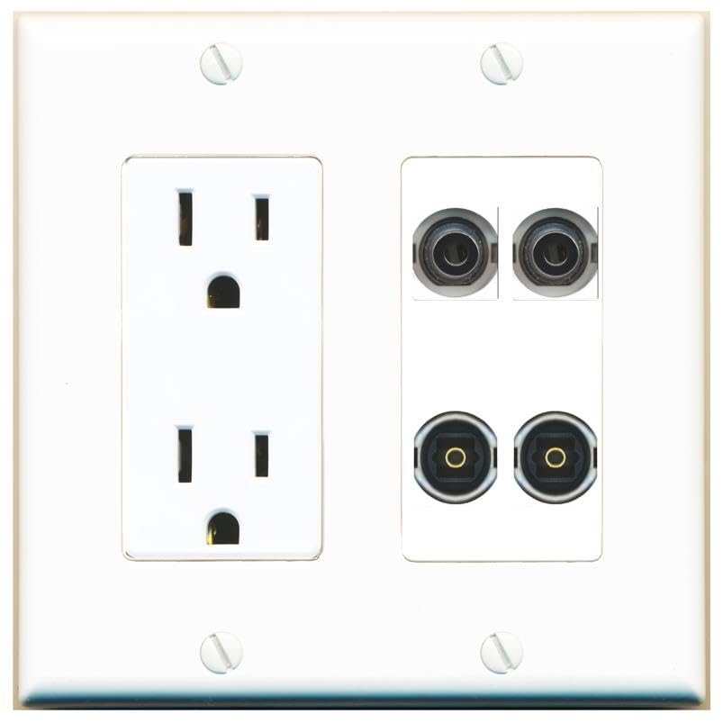 RiteAV 2 3.5mm 2 TOSLINK Wall Plate with 15A Power Outlet [White]