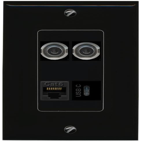 RiteAV 2 3.5mm CAT6 USBC Wall Plate Decorative [Black]