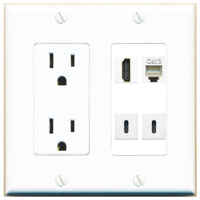 RiteAV HDMI Phone 2 USBC Wall Plate with 15A Power Outlet [White]