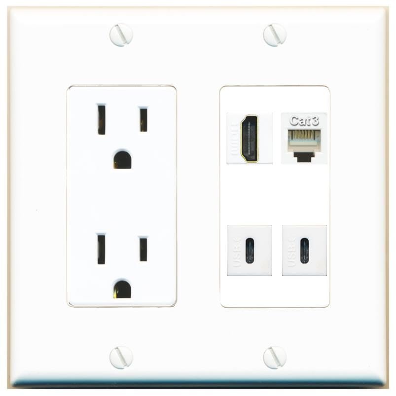 RiteAV HDMI Phone 2 USBC Wall Plate with 15A Power Outlet [White]