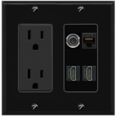 RiteAV 3.5mm CAT6 2 HDMI Wall Plate with 15A Power Outlet [Black]