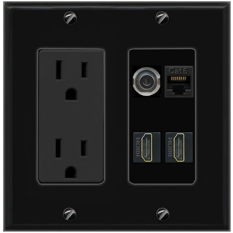 RiteAV 3.5mm CAT6 2 HDMI Wall Plate with 15A Power Outlet [Black]