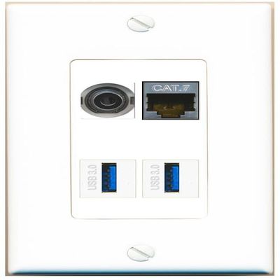 RiteAV 3.5mm CAT7 2 USB-3 Wall Plate Decorative [White]