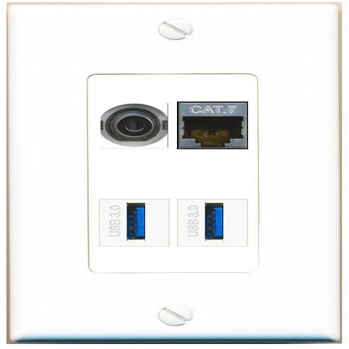 RiteAV 3.5mm CAT7 2 USB-3 Wall Plate Decorative [White]