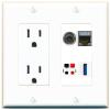 RiteAV 3.5mm CAT7 Speaker USB-3 Wall Plate with 15A Power Outlet [White] view 1