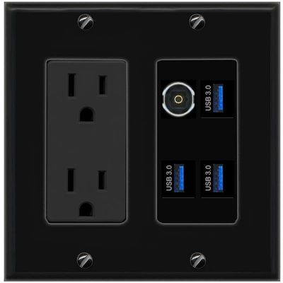 RiteAV TOSLINK 3 USB-3 Wall Plate with 15A Power Outlet [Black]