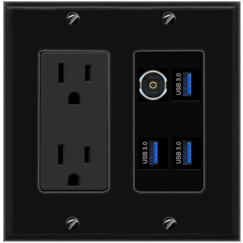 RiteAV TOSLINK 3 USB-3 Wall Plate with 15A Power Outlet [Black]