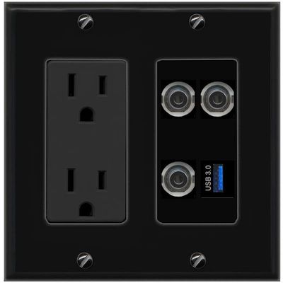 RiteAV 3 3.5mm USB-3 Wall Plate with 15A Power Outlet [Black]