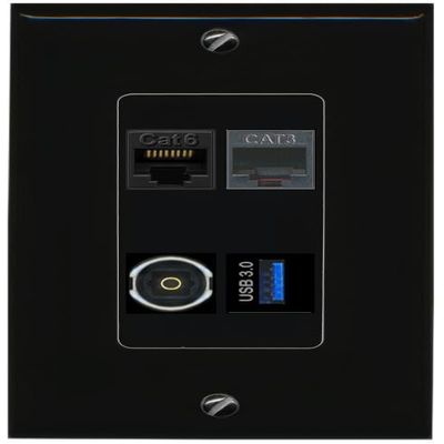 RiteAV CAT6 Phone TOSLINK USB-3 Wall Plate Decorative [Black]