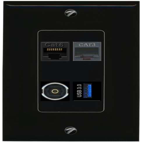 RiteAV CAT6 Phone TOSLINK USB-3 Wall Plate Decorative [Black]