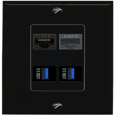 RiteAV CAT6 Phone 2 USB-3 Wall Plate Decorative [Black]
