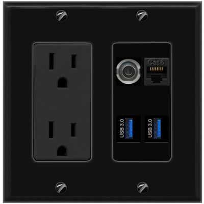 RiteAV 3.5mm CAT6 2 USB-3 Wall Plate with 15A Power Outlet [Black]