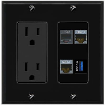RiteAV 2 CAT7 Phone USB-3 Wall Plate with 15A Power Outlet [Black]