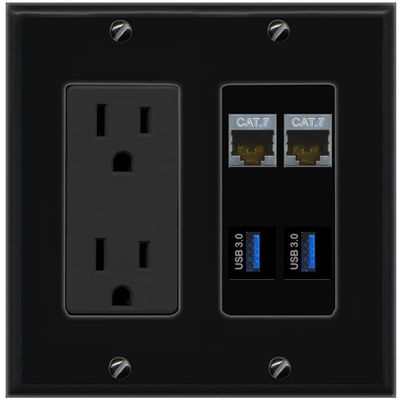 RiteAV 2 CAT7 2 USB-3 Wall Plate with 15A Power Outlet [Black]