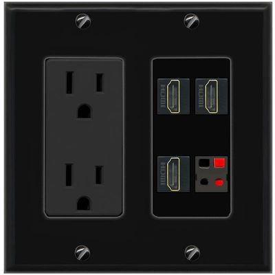 RiteAV 3 HDMI Speaker Wall Plate with 15A Power Outlet [Black]