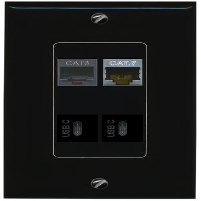 RiteAV CAT7 Phone 2 USBC Wall Plate Decorative [Black]