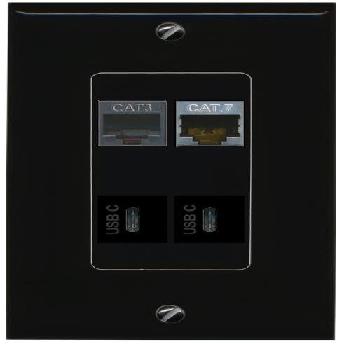 RiteAV CAT7 Phone 2 USBC Wall Plate Decorative [Black]
