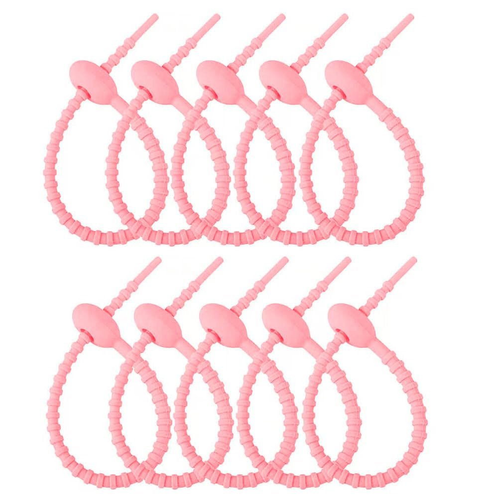10Pcs Reusable Silicone Zip Ties, Light Pinkish Silicone Ties Bag Clip, Elastic Cable Organizer for Home Office Table Desk,Bread Tie,Food Saver,Bag Sealing Clips