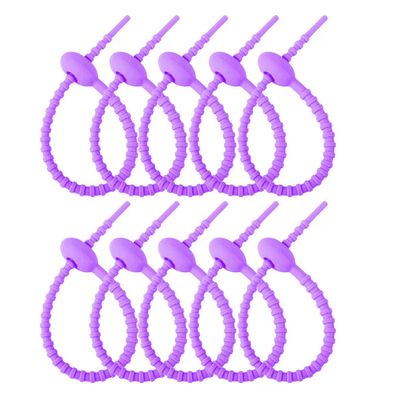 10Pcs Reusable Silicone Zip Ties, Purple Silicone Ties Bag Clip, Elastic Cable Organizer for Home Office Table Desk,Bread Tie,Food Saver,Bag Sealing Clips