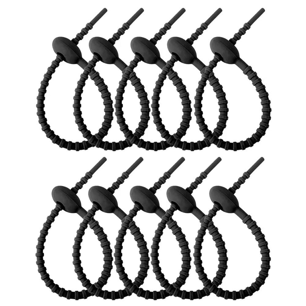 10Pcs Reusable Silicone Zip Ties, Black Silicone Ties Bag Clip, Elastic Cable Organizer for Home Office Table Desk,Bread Tie,Food Saver,Bag Sealing Clips
