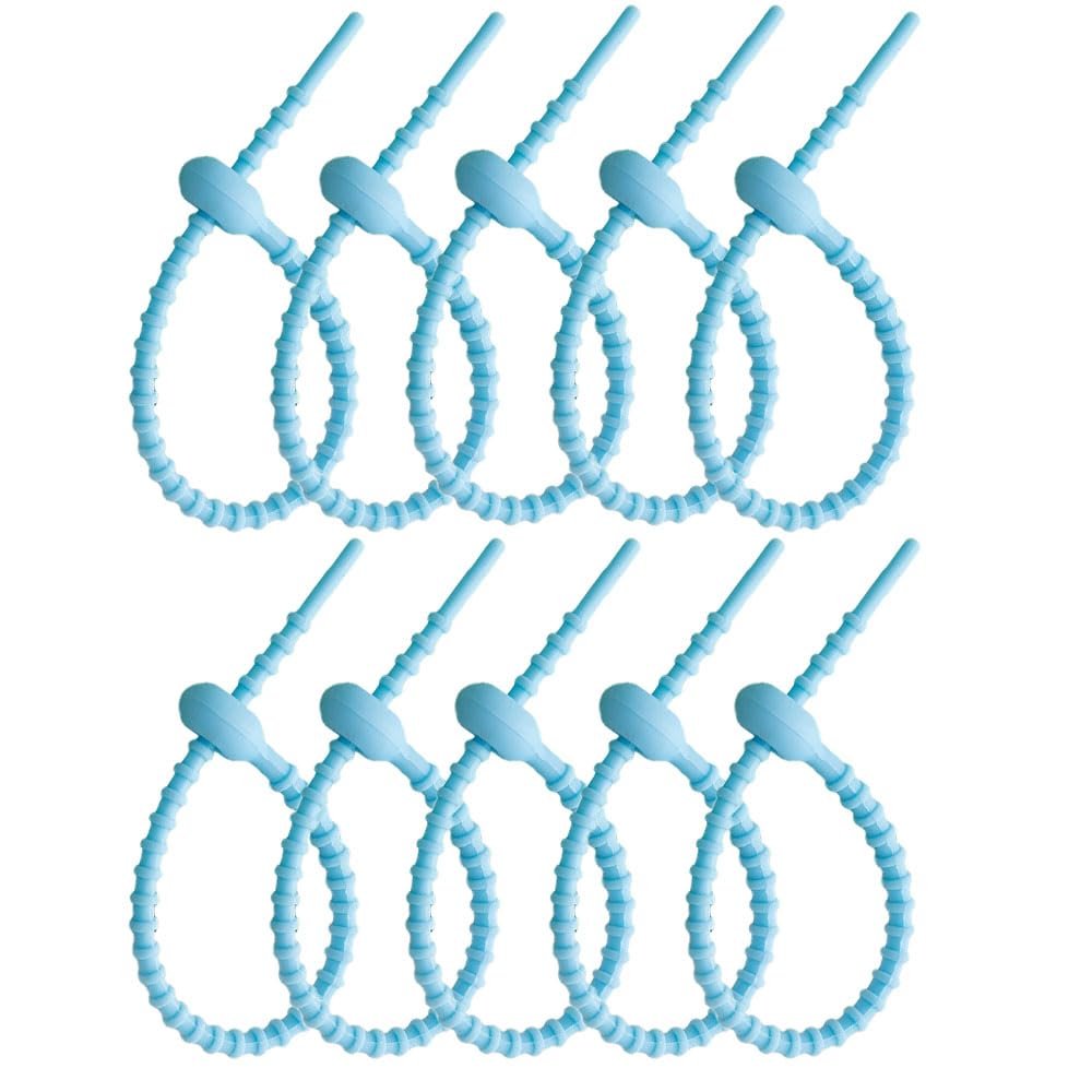 10Pcs Reusable Silicone Zip Ties, Sky blue Silicone Ties Bag Clip, Elastic Cable Organizer for Home Office Table Desk,Bread Tie,Food Saver,Bag Sealing Clips
