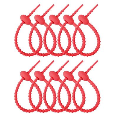 10Pcs Reusable Silicone Zip Ties, Red Silicone Ties Bag Clip, Elastic Cable Organizer for Home Office Table Desk,Bread Tie,Food Saver,Bag Sealing Clips