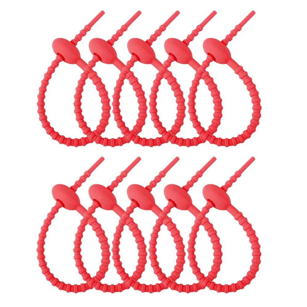 10Pcs Reusable Silicone Zip Ties, Red Silicone Ties Bag Clip, Elastic Cable Organizer for Home Office Table Desk,Bread Tie,Food Saver,Bag Sealing Clips