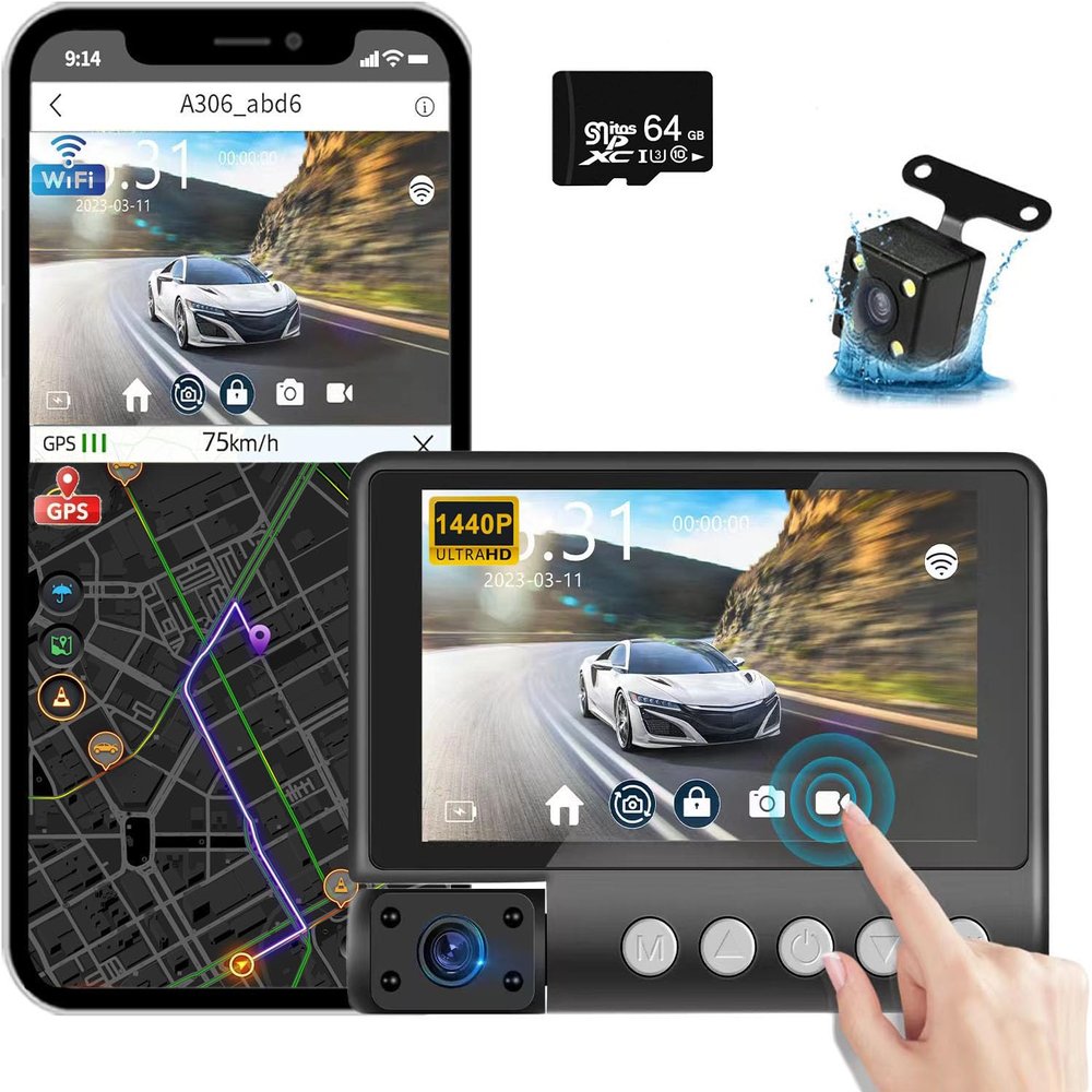 D89 Dash Cam,4" Touch Screen,1080P Front and Rear Interior Lens,IR Night Vision,WiFi App Control, GPS 24H Parking Mode G-Sensor Loop Recording Car DVR with 64G SD Card