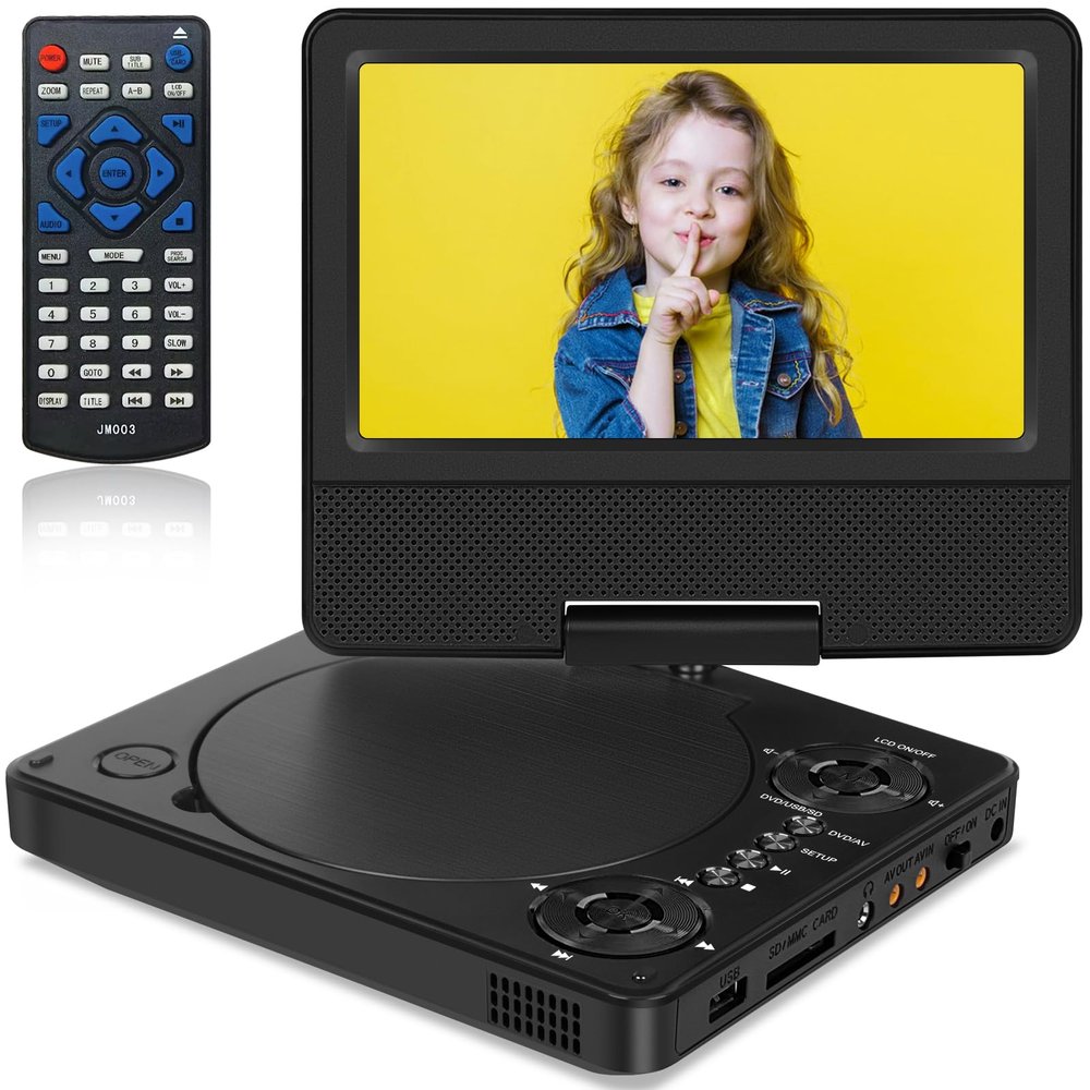 9.5" Portable DVD Player with 7.5" Swivel Display Screen, 5-Hour Built-in Rechargeable Battery, Car DVD Player for Kids and Car, Dual Speakers, Sync TV, Support SD Card/USB/Disc Regions Free