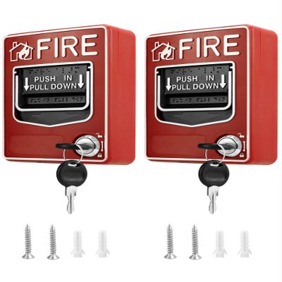 QWORK Wired Emergency Fire Alarm Station, 2 Pack Dual Action Manual Call Point Fire Alarm Panic Button 9-28VDC with 4 Keys