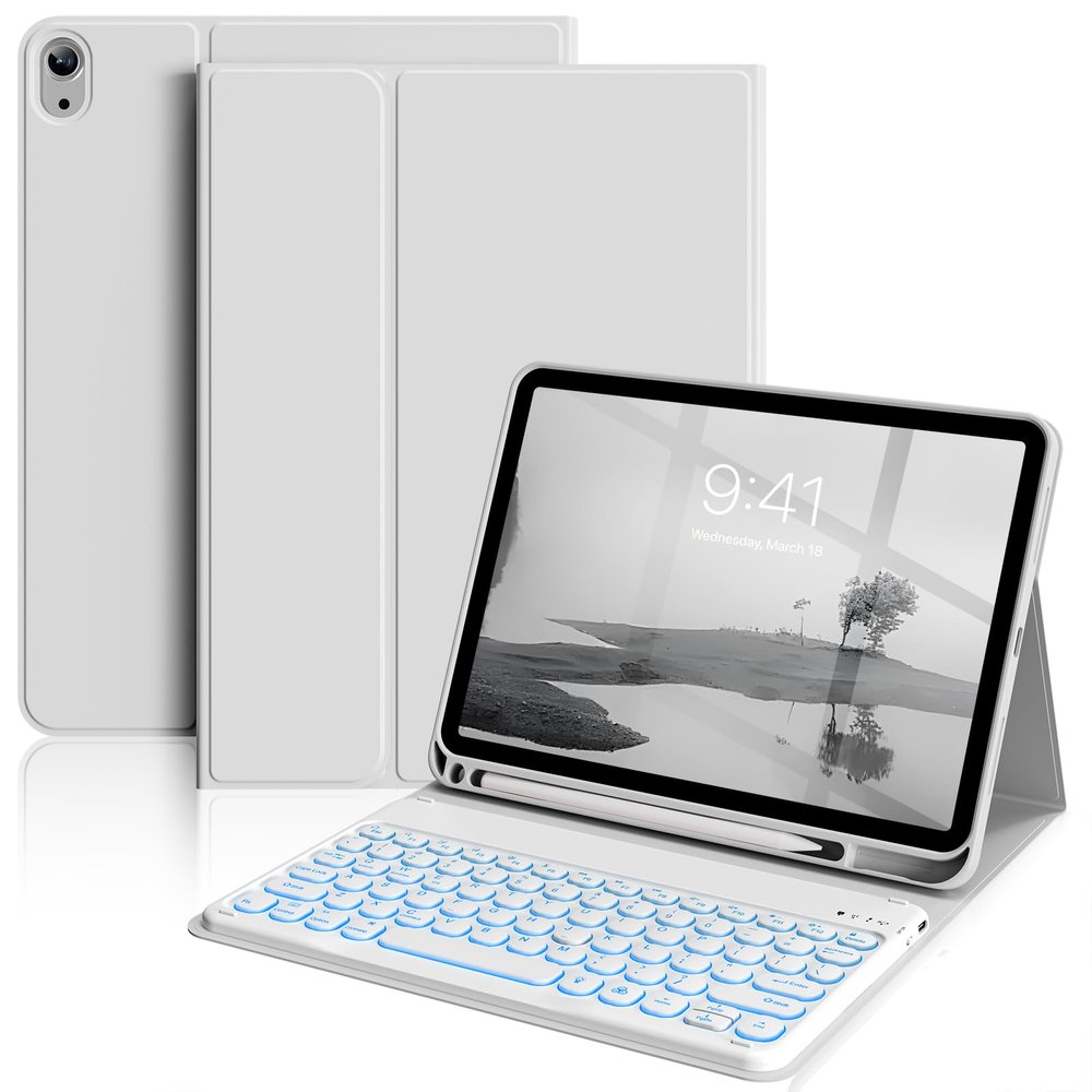 Aoub Keyboard Case for iPad (A16) 11th Generation 11-inch 2025, iPad 10th Generation 10.9 inch 2022 with Pencil Holder, 7 Color Backlit Detachable Wireless Bluetooth Keyboard Stand Folio - Gray