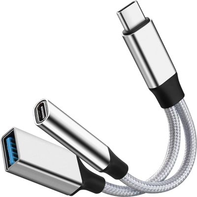 GELRHONR USB C OTG Charging Adapter, 2 in 1 USB-C Splitter, Short Type C Charging Cable with USB Female and C Female, for Most Type-C Phones, Laptops,Tablet,USB Fan,Printer (Silvery)