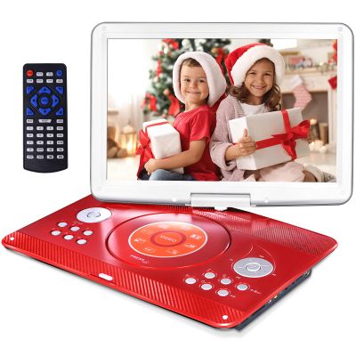 16.9" Portable DVD Player with 6 Hrs 5000mAH Rechargeable Battery, Car DVD Player Portable with 14.1" Large Swivel Screen, Sync TV Support USB/SD Card with Car Charger, Red