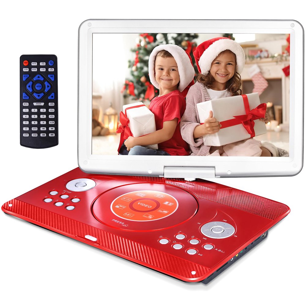 16.9" Portable DVD Player with 6 Hrs 5000mAH Rechargeable Battery, Car DVD Player Portable with 14.1" Large Swivel Screen, Sync TV Support USB/SD Card with Car Charger, Red