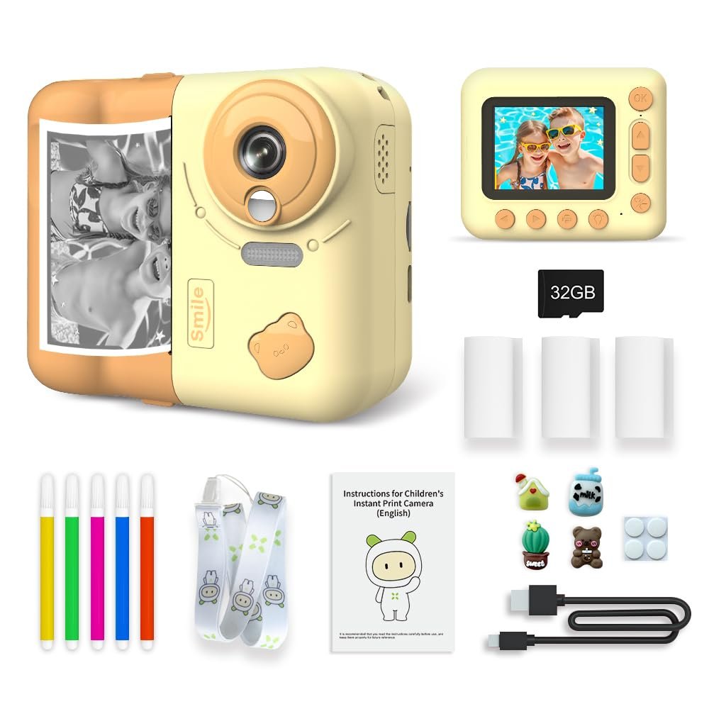 Andoer Instant Camera Kids Instant Print Camera for Children Digital Camera 1080P for Kids 2.4 Inch IPS Screen 10X Zoom for Kids Boys Girls, Yellow