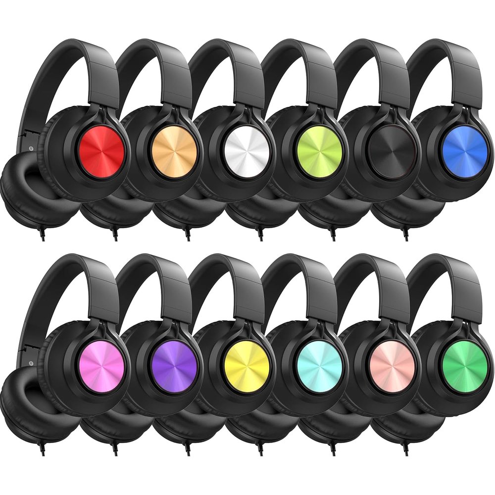 AILIHEN Headphones Wired 12-Pack Bulk for School Students Kids K-12 ClassroomAdjustable, Foldable, Over-Ear Headsets with Microphone HD Stereo Sound 3.5mm Jack for Chromebook, Laptop (Multicolor)