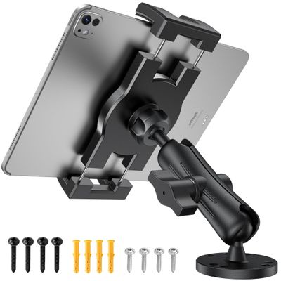 TeQable Industrial Tablet Mount for Truck&Vehicle, Heavy Duty Drill Base iPad Mount Holder for Car, Adjustable Aluminum Arm, Compatible w/ 4.7"-12.9" Devices, Perfect for Dashboard, Boats, WallsBlack