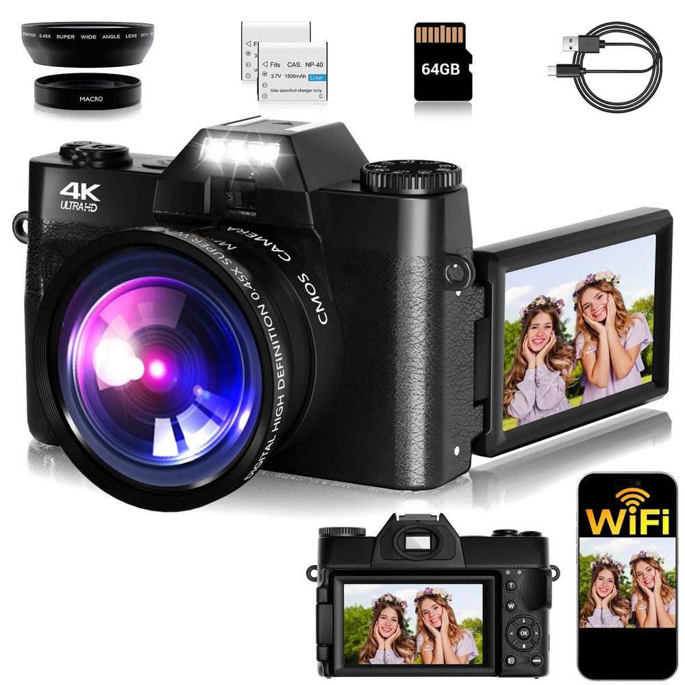 Camera Digital, FHD 75MP WiFi 4K Vlogging Video Camera for YouTube with 3'' 180Flip Screen, 64GB SD Card, 16x Digital Zoom, 2 Batteries, Point and Shoot Digital Camera for Beginner Black