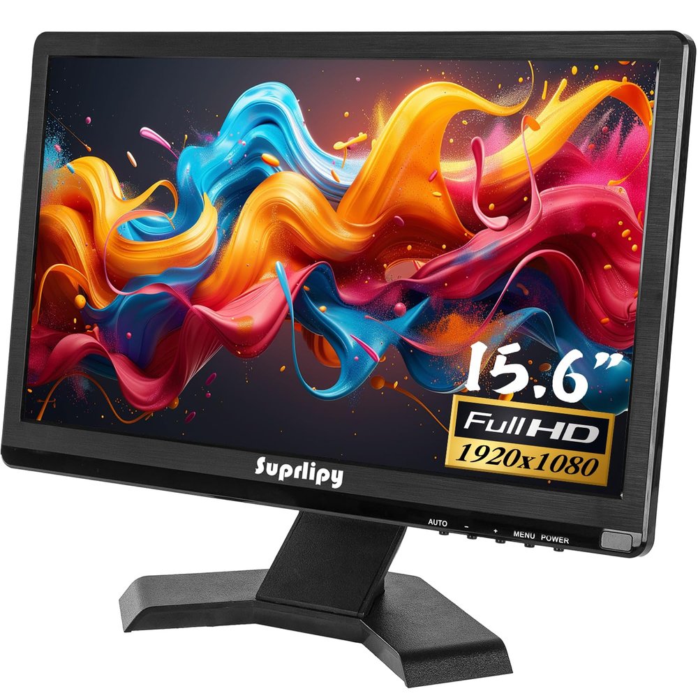 Suprlipy 15.6 inch FHD Small IPS Monitor LCD Display Screen 1920x1080 60Hz 16:9 with BNC VGA AV Input Built-in Lounspeakers for CCTV Security Camera DVR PC RasPi