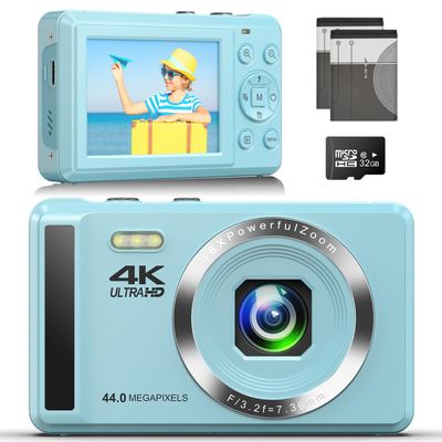Ruwaqart Digital Camera - 4K UHD 44MP Point & Shoot - 16X Digital Zoom - Blue, Compact, Kid-Friendly with 32GB Card