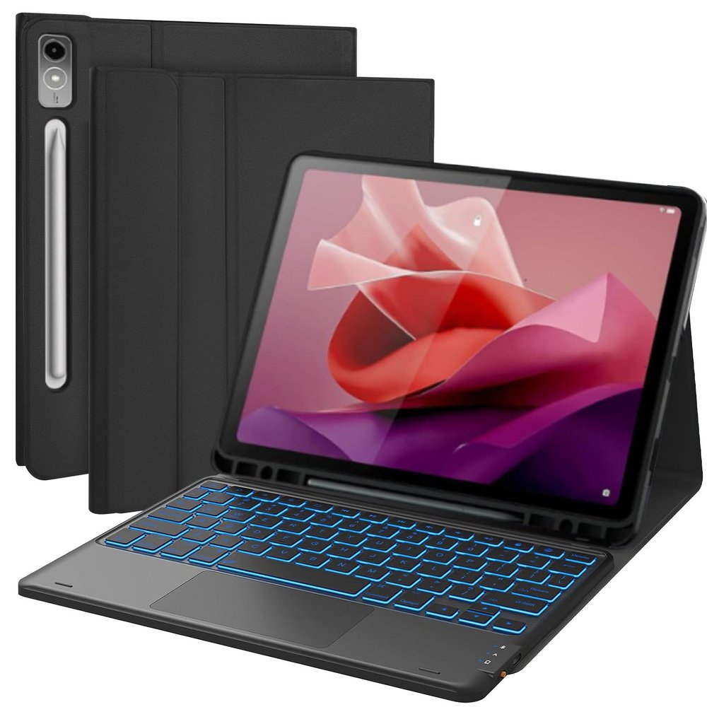 QYiiD Backlit Touchpad Keyboard Case for Lenovo Tab P12/Lenovo Xiaoxin Pad Pro 12.7 inch TB370FU, 7 Colors Backlight Magnetic Keyboard Auto Sleep/Wake Cover for Lenovo Tab P12 Pad Pro TB-371FC, Black