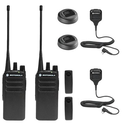 2 x Motorola CP100D Analog UHF Portable Non-Display Two Way Radio, 16 Channel, 4 Watt (403-480MHz) + 2 x HKLN4606 Remote Speaker Mic - 2 Pack with Mic Bundle