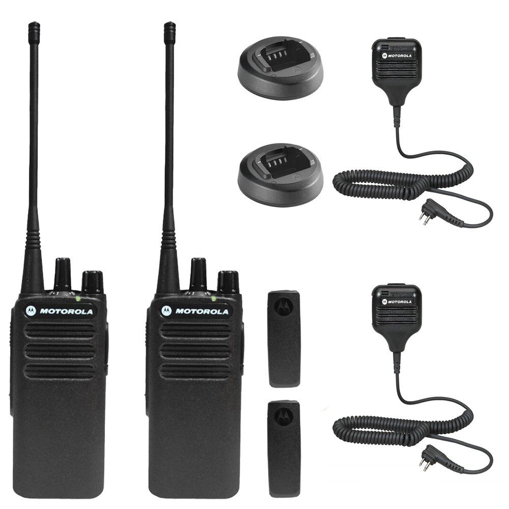 2 x Motorola CP100D Analog UHF Portable Non-Display Two Way Radio, 16 Channel, 4 Watt (403-480MHz) + 2 x HKLN4606 Remote Speaker Mic - 2 Pack with Mic Bundle